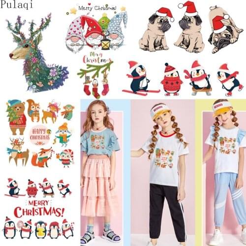 Pulaqi Animal Christmas Patches For Clothing DIY Cute Iron On Transfer Thermocollants T Shirt Print Thermal Sticker On Clothes