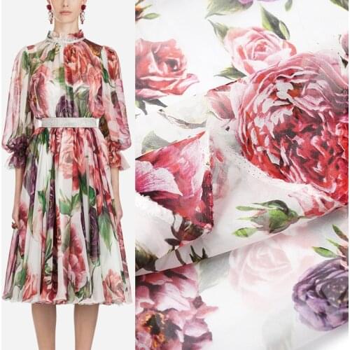 140cm Width Big Peony Flower Polyester Chiffon or 100%Cotton Fabric For Woman Summer Long Beach Dress Blouse DIY Sewing