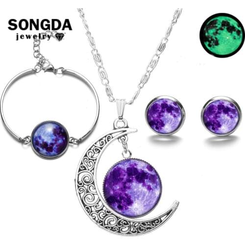 SONGDA Glowing in the Dark Galaxy Moon Pendant Jewelry Sets Glass Cabochon Luminous Necklace Bracelet Earrings Fashion Jewelry