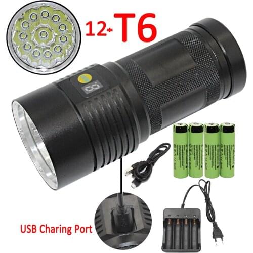 35000LM 12x XML T6 LED Flashligt USB Rechargeable Torch Lamp Power Digital Display Night Light +4x 18650 Battery + Charger