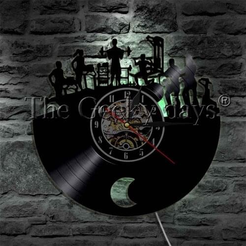 GYM Different Fitness Equipment LED Night Light Vinyl Record Wall Clock Bodybuilder GYM Room Wall Watch LED Hanging Lamp