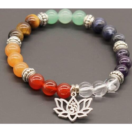 Trendy-beads Silver Plated Flower 3D Connect 8 mm Colorful Round Beads Elastic Bracelet Chakra Jewelry