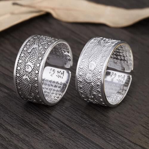Sangsy Vintage Ring Amulet Buddha Fish Buddhist Chinese Letter Opening Rings Men&Women Good Luck Gift Jewelry Ring