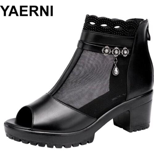 YAERNI size 32--43 Coarse heel fish mouth gauze cold boots mother sandals Breathable Mesh Medium Heel Boots Women OL Office Foot