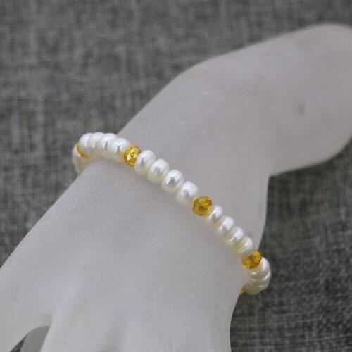 High quality natural white 7-8mm pearl abacus beads yellow crystal spacers strand bracelet diy women clasp jewelry 7.5inch B3086