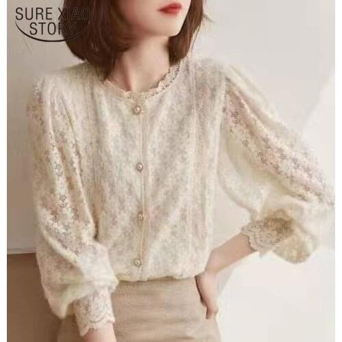 French Gentle Lace Womens Blouse Sweet Autumn Hollow Crochet Flowers Shirt O Neck Casual Loose Petal Sleeve Women Tops 16619
