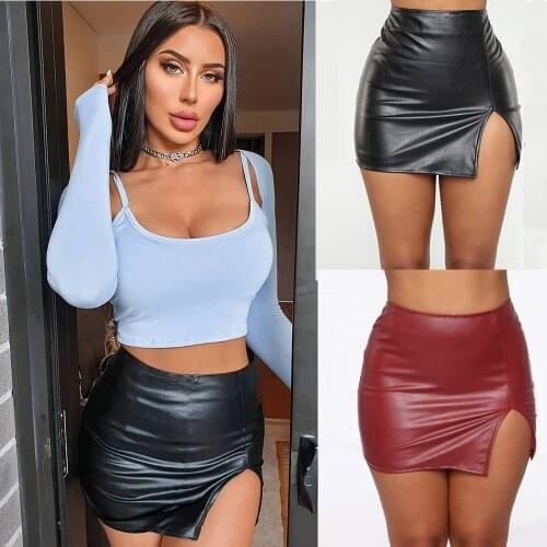 Women PU Skirt Lady Skinny High Waist Pencil Skirts Zipper Black Faux Leather Short Asymmetrical Skirt