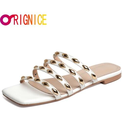 Orignice New Studded Rivet Flat Women Sandals Fashion Lightweight Non Slip Summer Designer Party Dress Shoes Big Size 34-43