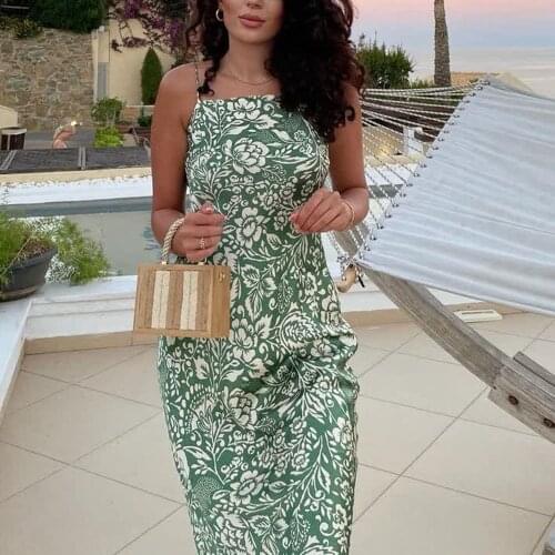 XEASY 2021 Summer Women Vintage BeachSatin Green Flower Print Slim Dress Female Streetwear Casual Party Sling Long Dresses