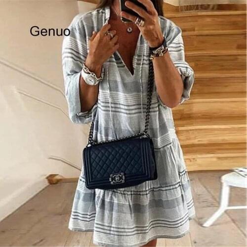 Casual Striped Women Beach Boho Dress Long Sleeve V Neck Midi Dress Women Spring Summer Loose Boho Dresses