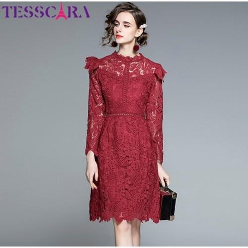TESSCARA Women Spring Autumn Elegant Lace Dress Festa High Quality Vintage Wedding Party Robe Femme Designer Red & Pink Vestidos