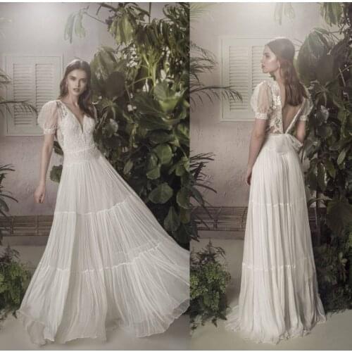 2020 Fashion Wedding Dresses V Neck Capped Sleeves Appliques Lace Chiffon Bridal Gowns Backless Sweep Train Beach Wedding Dress