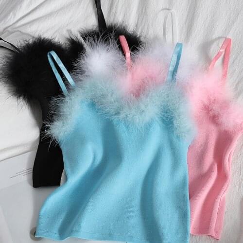 2021 Spring Women Fashion Soft Fur Collar Knitting Tank Tops Girls Knitted Camisole Solid Soft Sweater Camisole