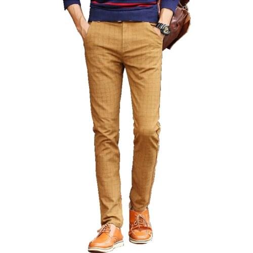 Spring Autumn men casual pants youth stretch cotton plaid trousers mens long Straight slim suit pants khaki plus size 38