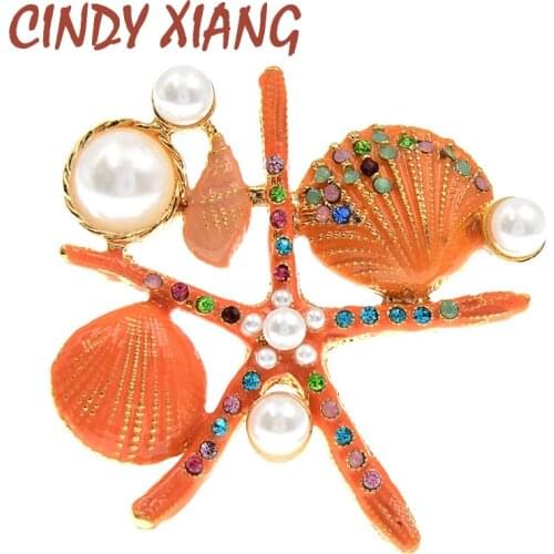 CINDY XIANG New Arrival Starfish Brooch Pins Jewelry Rhinestone Pearl Broche Elegant Natural Shell Brooches Lady Brooch Pins