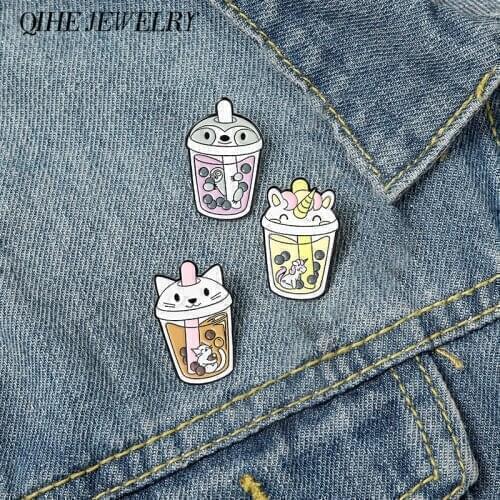 Cat Penguin Boba Tea Enamel Pins Tapioca Milk Tea Lapel Pin Animal Badges Kitty Brooches Gift for Bubble Tea Lover and Cat Lover