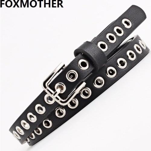 FOXMOTHER 1.4cm Wide Black White Grommet Narrow PU Leather Women Belt Eyelet Female Waistband Jeans Belts