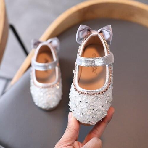 Spring Autumn 2021 Girls' Leather Shoes Female Baby Rhinestone Sequined Princess Shoes Little Girls Show Casual Non-slip Shoes