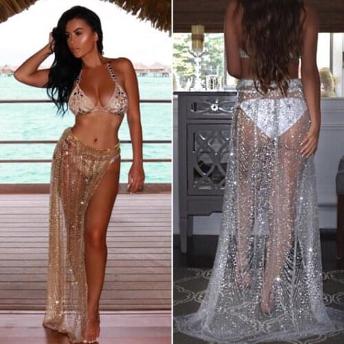Summer Sexy Beachwear Rhinestone Long Sequin Skirt Loose Side Split Mesh See Through Gold Maxi Glitter Skirt Sparkle Female 2020