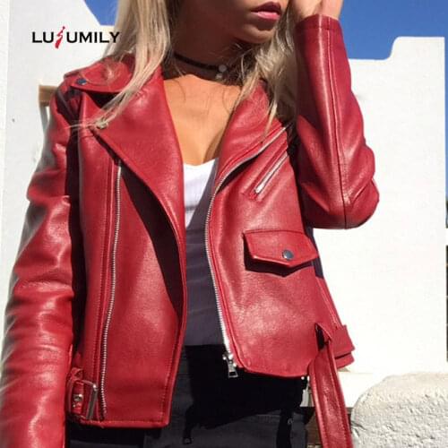 Lusumily Brand Faux Women Leather Jacket Coat Short Red Black PU Motorcycle Leather Jackets Female Streetwear 2020 New Outerwear