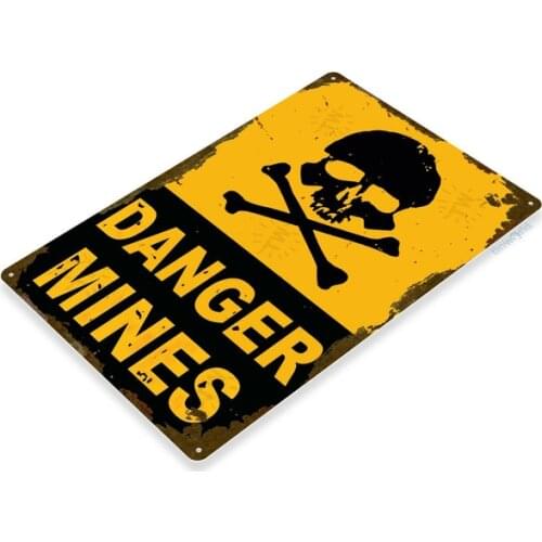 Danger Mines Metal Decor Warning Caution Dorm Bones Skull Tin Sign