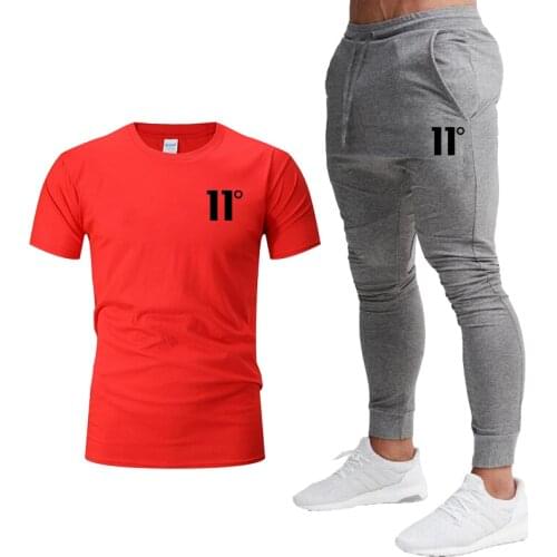 11 degree printing mens sportswear mens T-shirt + trousers mens two-piece cycling jogging short-sleeved mens suit casual sui