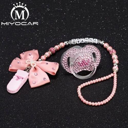 MIYOCAR any name princess bling rhinestone pacifier clip dummy clip bling crown Pacifier/ Nipples /Dummy pacifier clip set