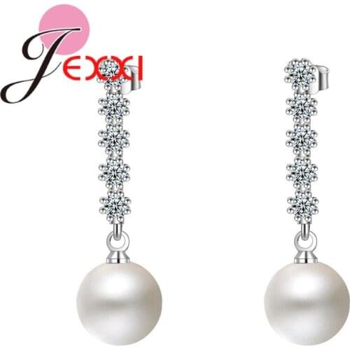 New Freshwater Pearl Bridal Wedding Drop Earrings 925 Sterling Silver Shiny Crystal Dangle Earrings European Jewelry Wholesale