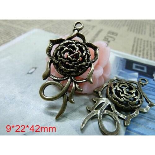 Hollow Rose Flower Charms Pendant Antique Bronze Tone 3D Shape Rose Charms 9*22*42mm Lots of 6 - Free Shipping