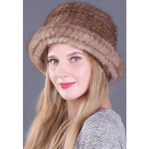 Real Mink Hat Womens Fur Hat Winter Mink Wool Woven Hat Fashion Warm Double-Sided Woven Curled Basin Hat Top Cap