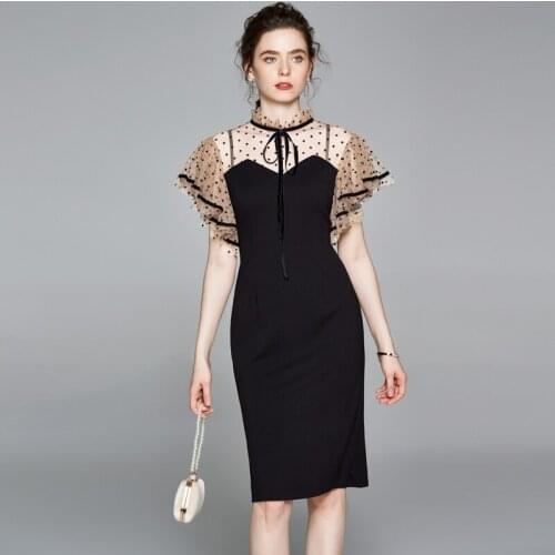 SMTHMA 2021 Women New Arrival Fashion Summer Elegant Chic Office Dress Vintage Ruffles Sleeve Polka Dot Mesh Sheer Bow Dresses