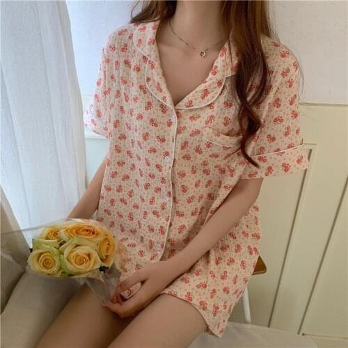 SR154 Spring Summer 2021 New Cotton Cherry Print Pajama Set trousers ladies pajamas suit Pyjamas Shorts pajamas womens homewear