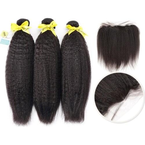 Halo Hair Brazilian Kinky Straight 3/4 Bundles Pre Preplucked With Lace Frontal Closure 13X4 Free Part 100% Human Virgin Hair