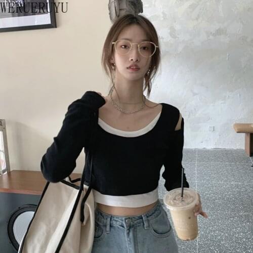 WERUERUYU Women Long Sleeve T-shirts Off Shoulder Tops Slim Sexy High Street Womens Club Wear Female Retro Fake Two Piece