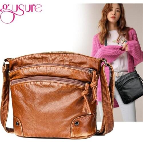 Gusure Multi-zipper Vintage Soft Leather Bags High Quality PU Women Messenger Bags Retro Pocket Small Shoulder Purse Casual Bag