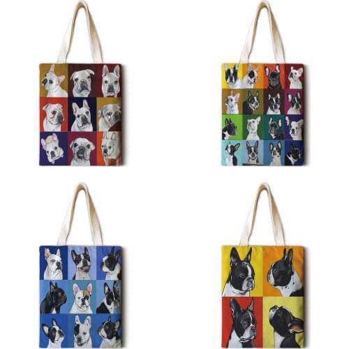 French bulldog print tote bag cotton and linen ladies shoulder bag student shoulder bag casual tote bag