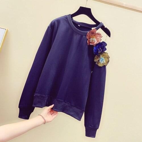 3D Florals Sweatshirt Women Long Sleeve O Neck Hoodies Sequined Off Shoulder Blue Pullover Loose Casual Female Hooded Ropa Mujer