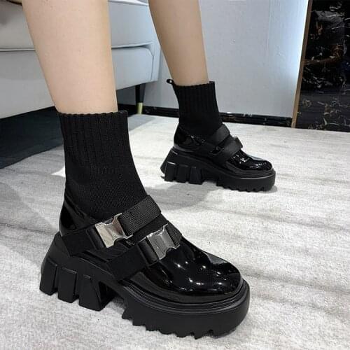 MCCKLE Womens Sock Boots Knitted Slip-on Ankle Boots Female Platform Warm Plush Metal Buckle Winter Shoes For Women 2021 New