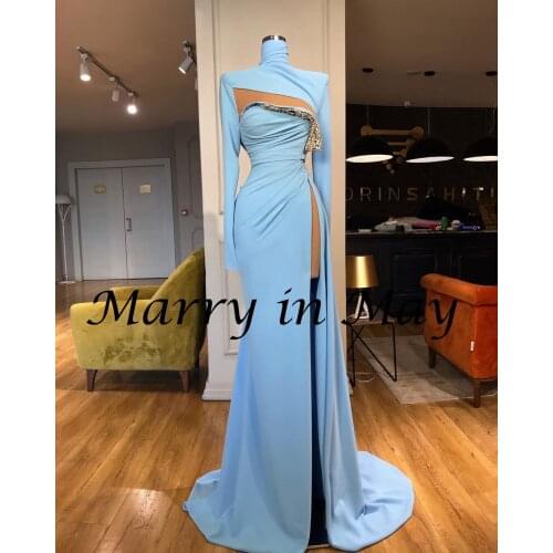 2021 Sky Blue Satin Mermaid Women Evening Dresses High Neck Front Split Beaded Plus Size Formal Prom Afrabic Party Gowns