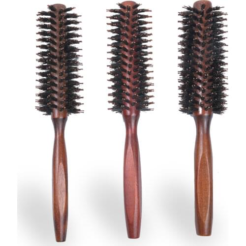 DREWTI 1PC Natural Boar Bristle Round Hair Brush Salon Comb Wood Massage Brush For Blow Drying,Styling,Curling Adding Volume
