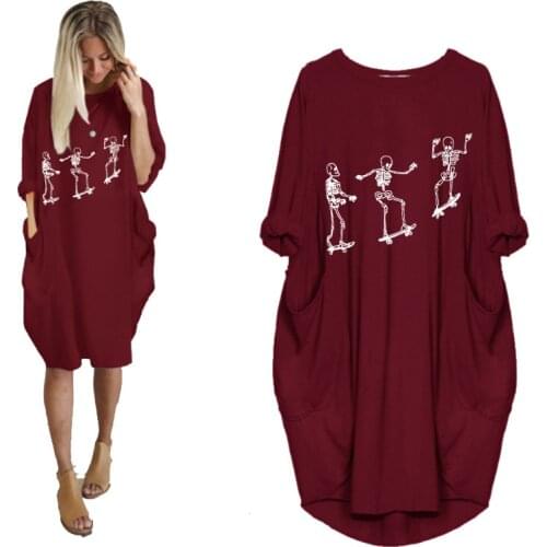2021 Autumn Cotton Midi Dress For Womne Skull Halloween Print Round Neck Long Sleeve Casual Loose Basic Soft Woman Dressses Robe