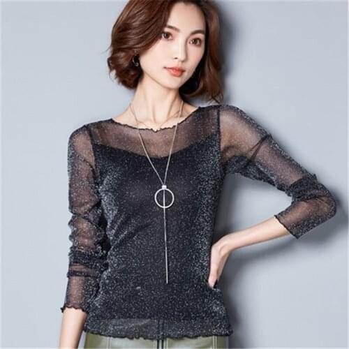 Women Fashion Spring Summer Lace Blouses Elegant Stylish Sexy Shirts Long Sleeve Net Yarn Bright Silk Inside Blusas Tops MM0591