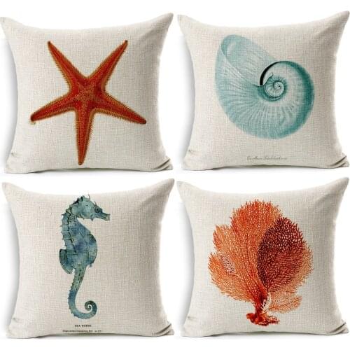 Starfish Conch Shell Coral Print Cushion Covers Hand Painting Sea Horse Cushion Cover Decorative Beige Linen Pillow Case