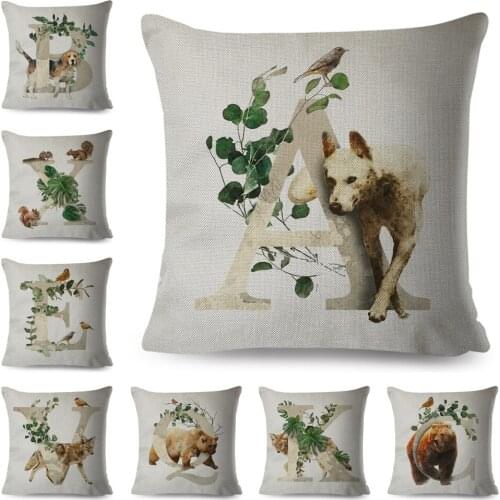 Cartoon Letter A-Z Cute Dog Fox Birds Cushion Cover Polyester Pillow Case for Sofa Home Car Decor Animal Plant Pillowcase 45*45