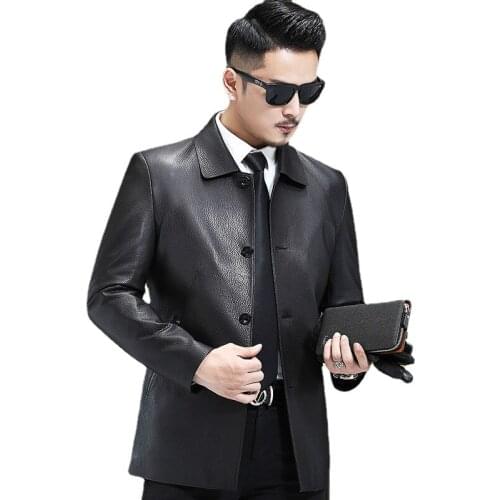 Genuine Leather Clothes Mens Long Type Goat Skin Lapel Jacket Male Spring and Autumn Coat Deer Pattern