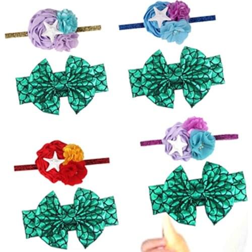 2Pcs Baby Hair Bow Headband For Girl Metallic Hairbow Children Stage Performance Accessories Cosplay Mermaid Starfish Headwear