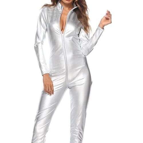 Sexy Women Zipper Wet-look Faux Leather Bodysuit Long Sleeve Shiny Patent Leather Jumpsuit Costume