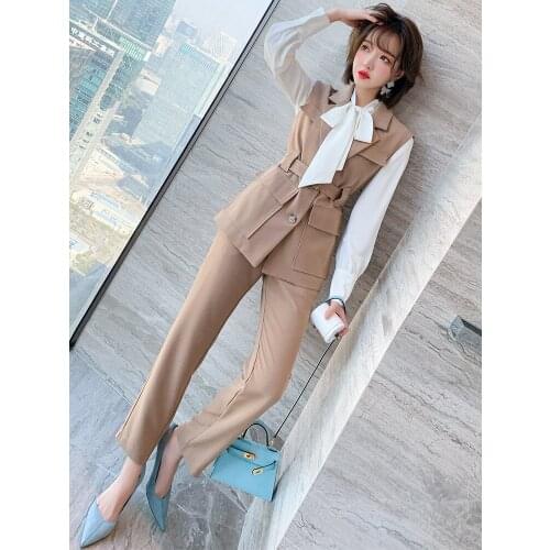 Ribbon white shirt+Waistbsuit vest+Straight trousers three piece suit 2021 Spring new High Quality Top Quality