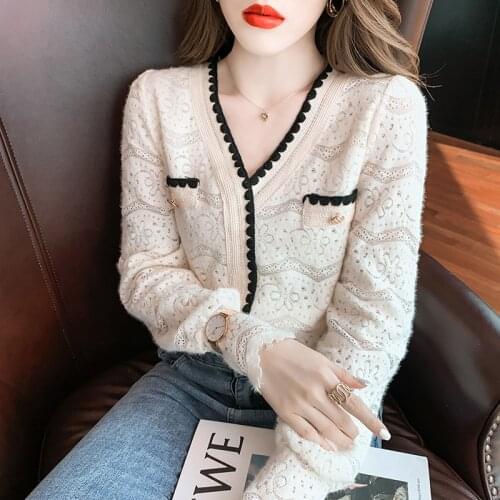 Lace sweater womens long-sleeved spring and autumn 2021 new style Korean loose womens western style coat knitwear cardigan
