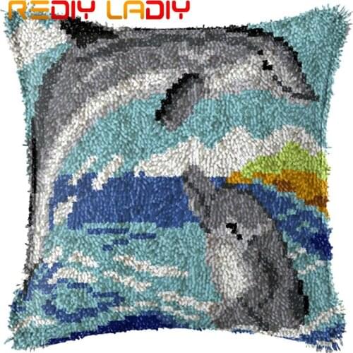 Latch Hook Cushion Dolphin Love Pillow Case Acrylic Yarn Pillow Pre-Printed Color Canvas Crochet Cushion Cover Hobby & Crafts